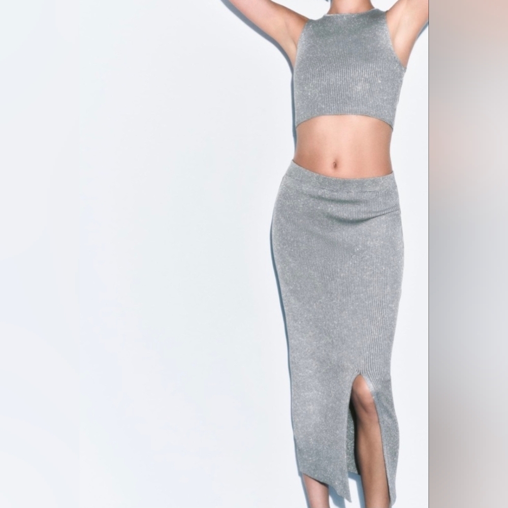 Zara Silver Ribbed Knit Crop Top & Midi Skirt Set